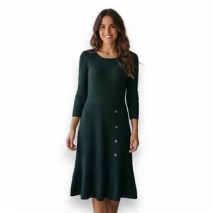 Studio One New York Women's Midi Sweater Dress L Dark Forest Green Ribbed Knit